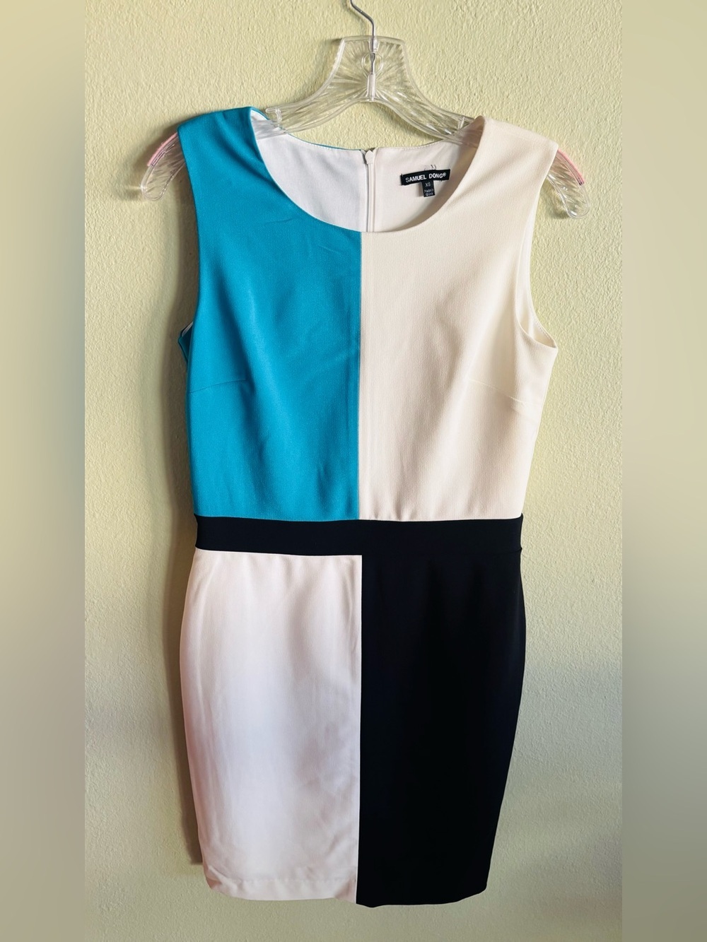 Samuel Dong Color Block Teal Black White Midi Dress Size: XS